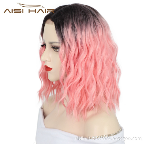Aisi Hair Wholesale For Women Ombre Pre Plucked Deep Wave Heat Resistant Short Bob Cut Wigs Lace Front Synthetic